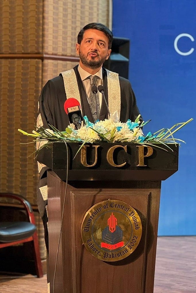Waqas Khan Pitafi speaking at the University of Central Punjab convocation